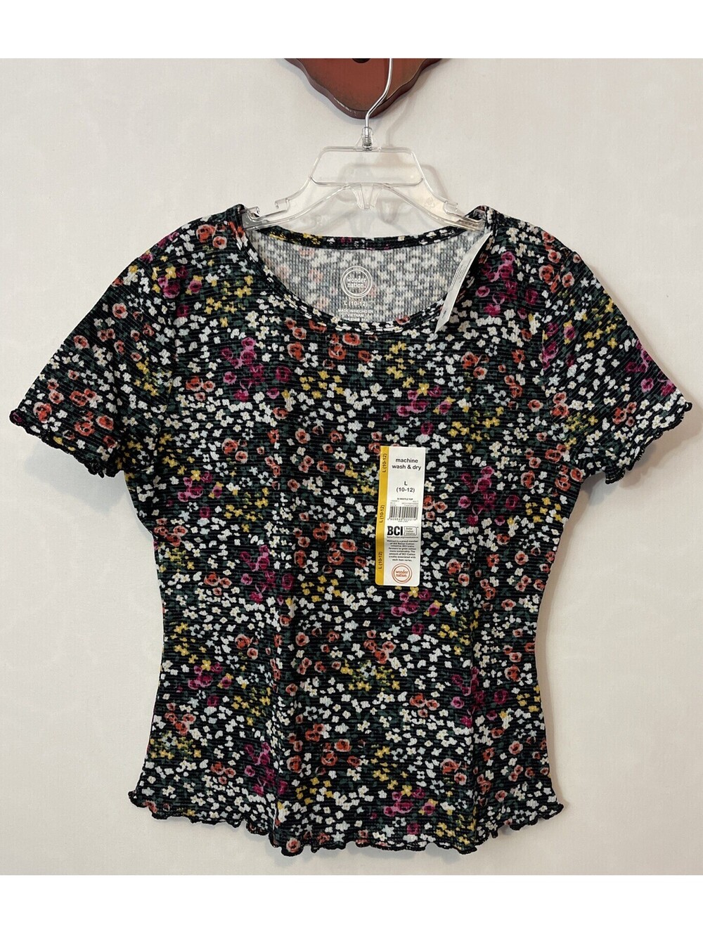 Wonder Nation Girls 10-12 Large Black Floral Ruffle Cotton-Blend Tee NWT! A7355